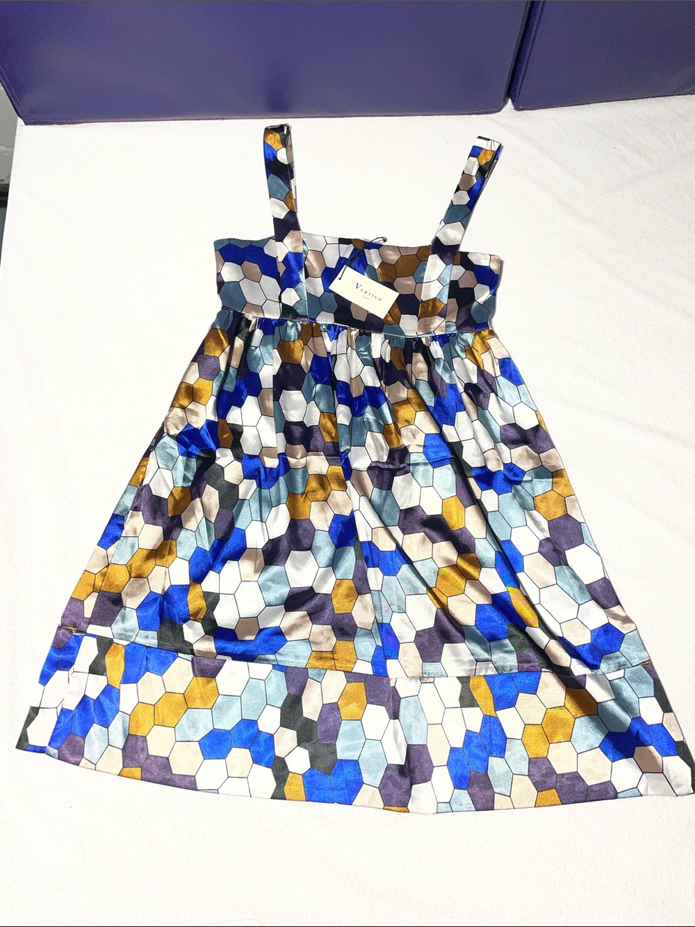Vertigo Paris Hexagon Print Sundress in Blue, Gold, White